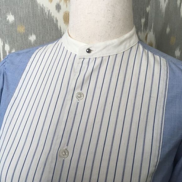 Ralph Lauren Blue & Off White Pouf Sleeve Bib Front Cotton Tuxedo Blouse - Picture 5 of 13